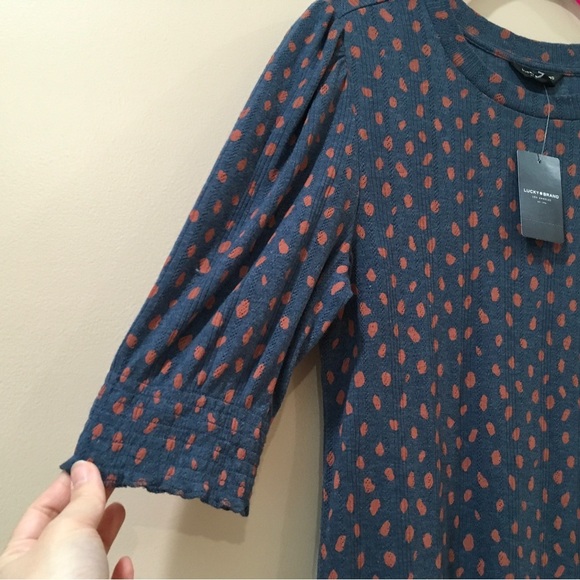 Lucky Brand Top Short Puff Sleeve Polka Dot Navy Blue size s new - Picture 5 of 5